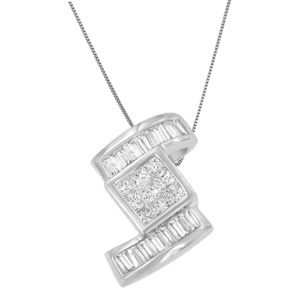 14K White Gold Princess & Baguette Diamond Zig Zag Pendant Necklace