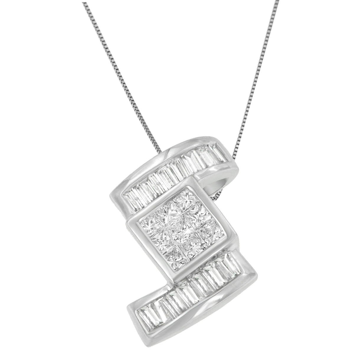 14K White Gold Princess & Baguette Diamond Zig Zag Pendant Necklace