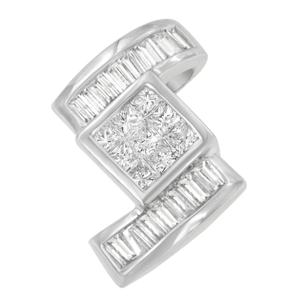 14K White Gold Princess & Baguette Diamond Zig Zag Pendant Necklace