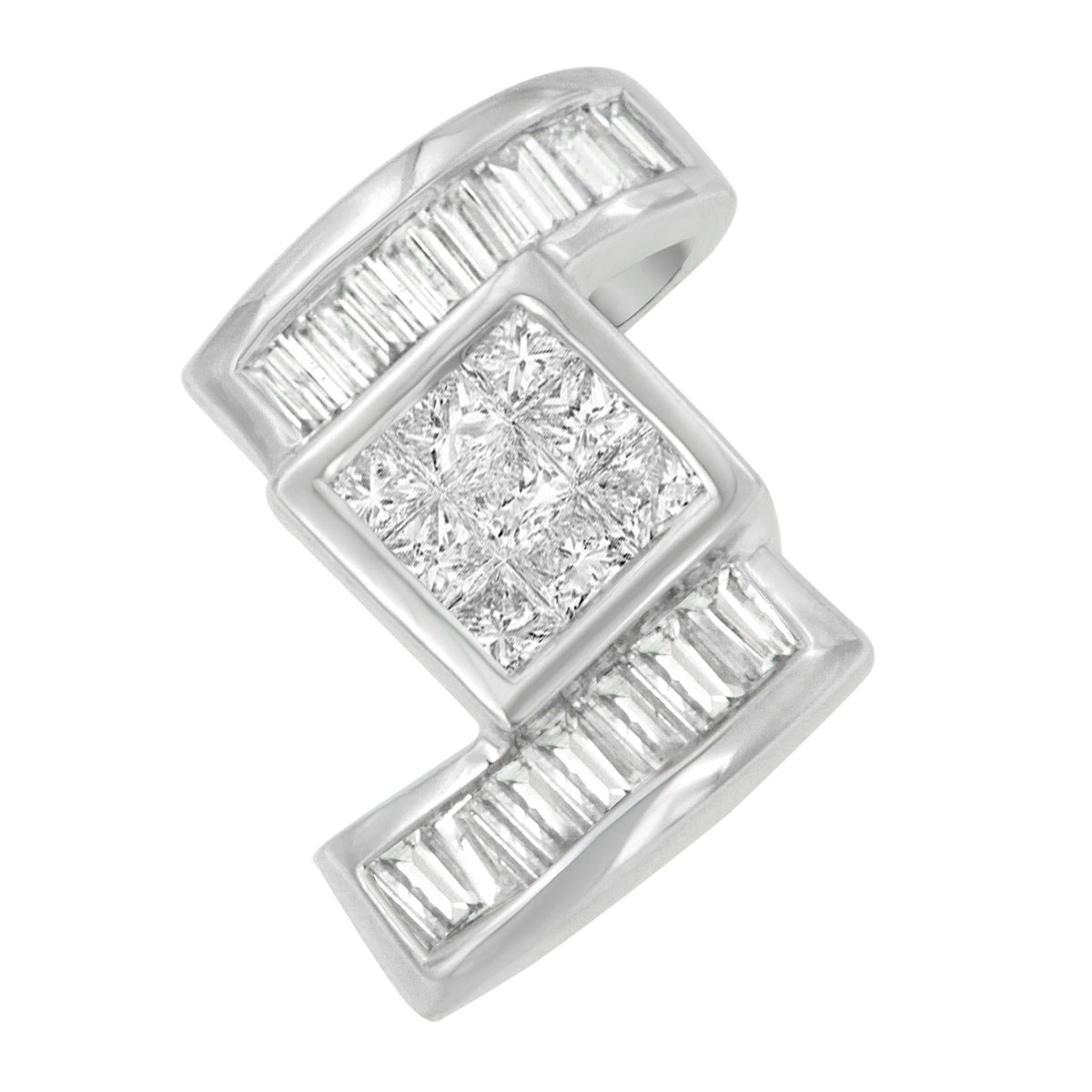 14K White Gold Princess & Baguette Diamond Zig Zag Pendant Necklace