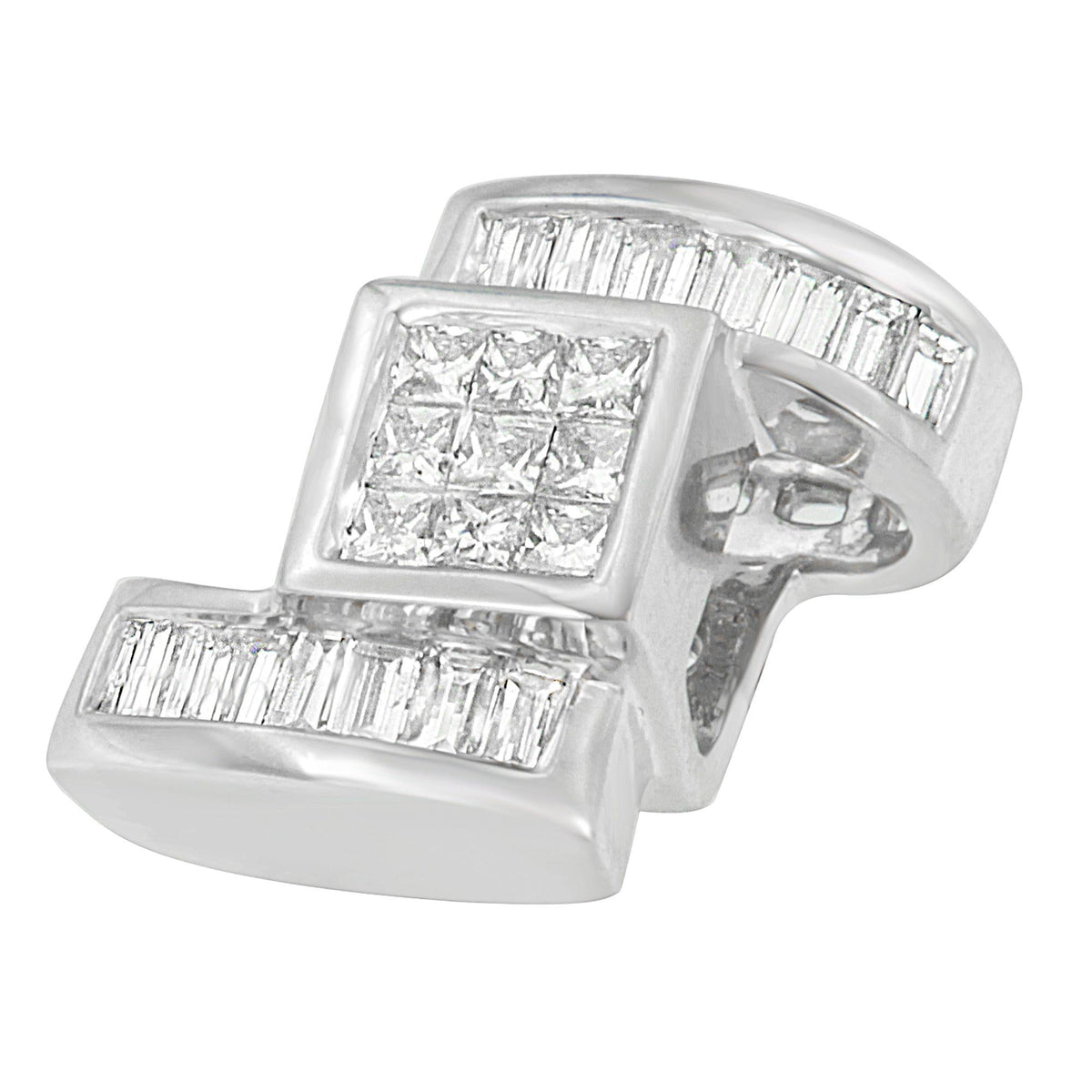 14K White Gold Princess & Baguette Diamond Zig Zag Pendant Necklace