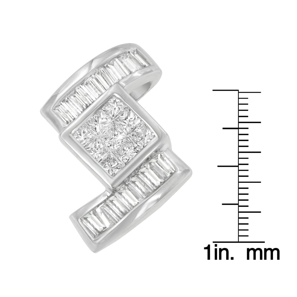 14K White Gold Princess & Baguette Diamond Zig Zag Pendant Necklace