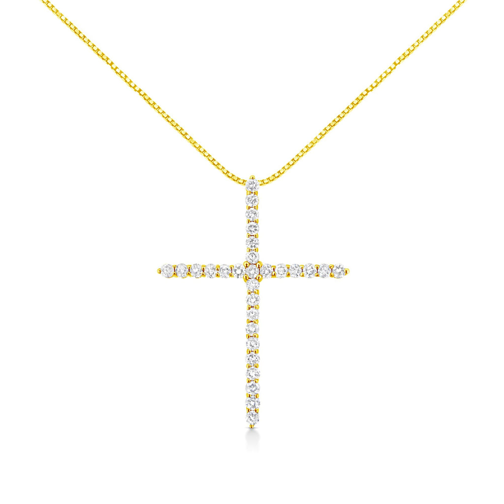 10K Yellow Gold 3.00 Cttw Round Diamond Cross Pendant Necklace