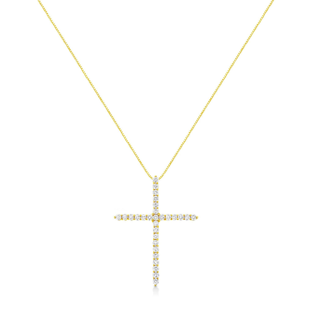 10K Yellow Gold 3.00 Cttw Round Diamond Cross Pendant Necklace