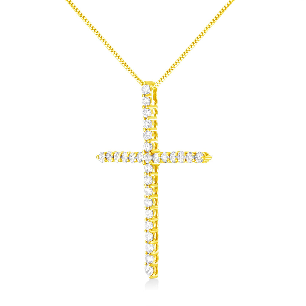 10K Yellow Gold 3.00 Cttw Round Diamond Cross Pendant Necklace