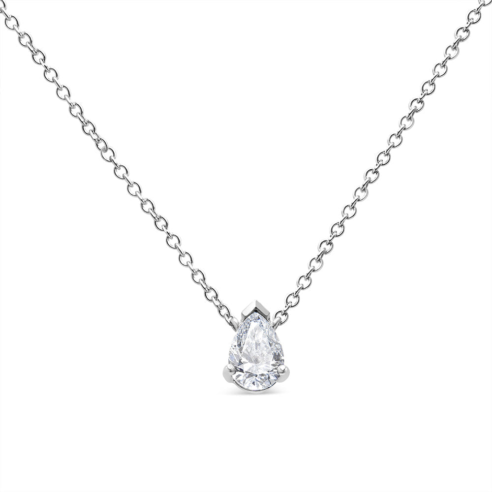 AGS Certified 14K White Gold Pear Diamond Solitaire Pendant Necklace