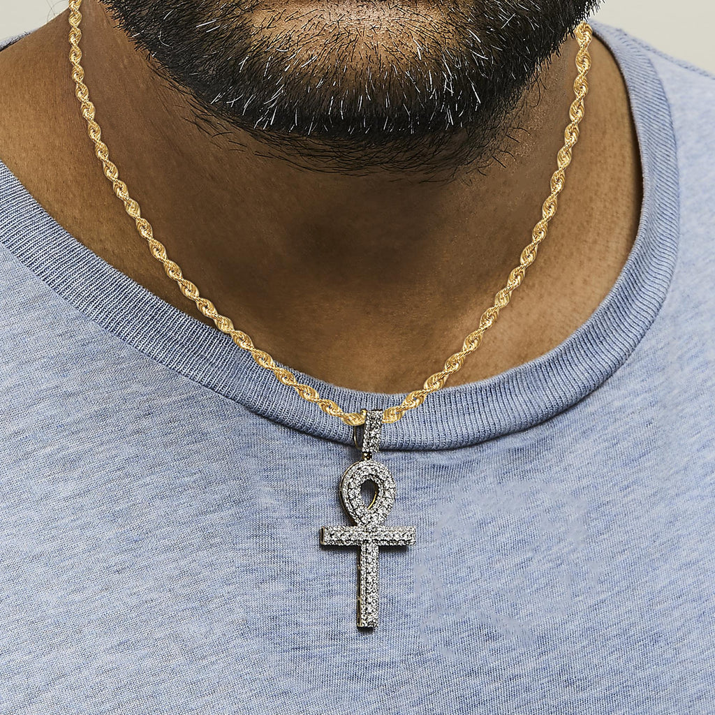 Men's Diamond Ankh Cross Pendant Necklace in 10K Yellow Gold