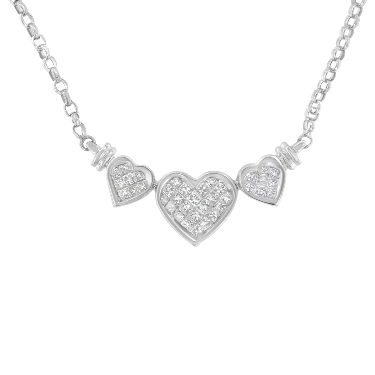 14K White Gold Princess Cut Diamond Triple Heart Pendant Necklace