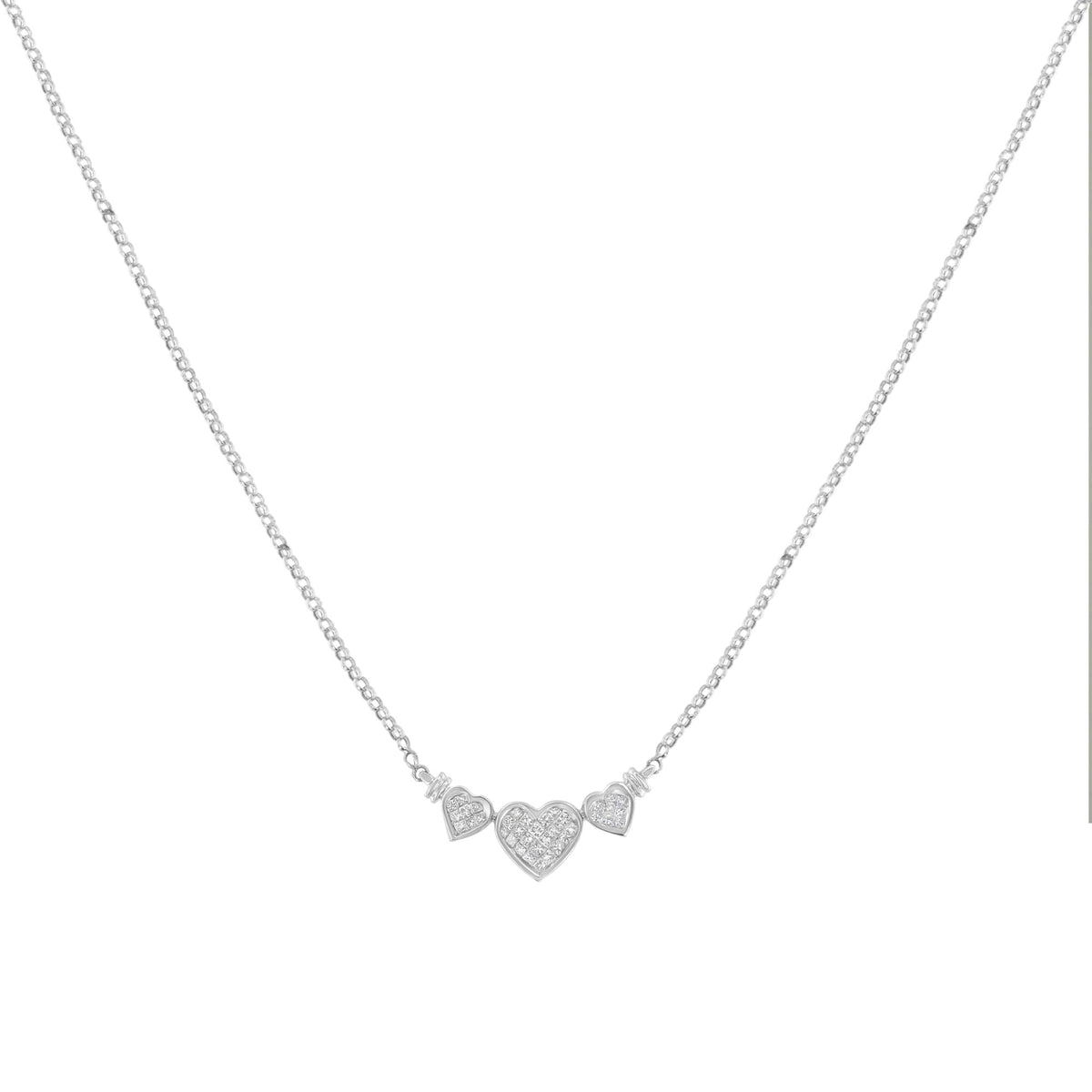 14K White Gold Princess Cut Diamond Triple Heart Pendant Necklace