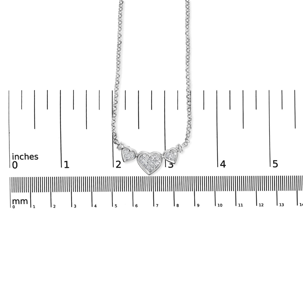 14K White Gold Princess Cut Diamond Triple Heart Pendant Necklace