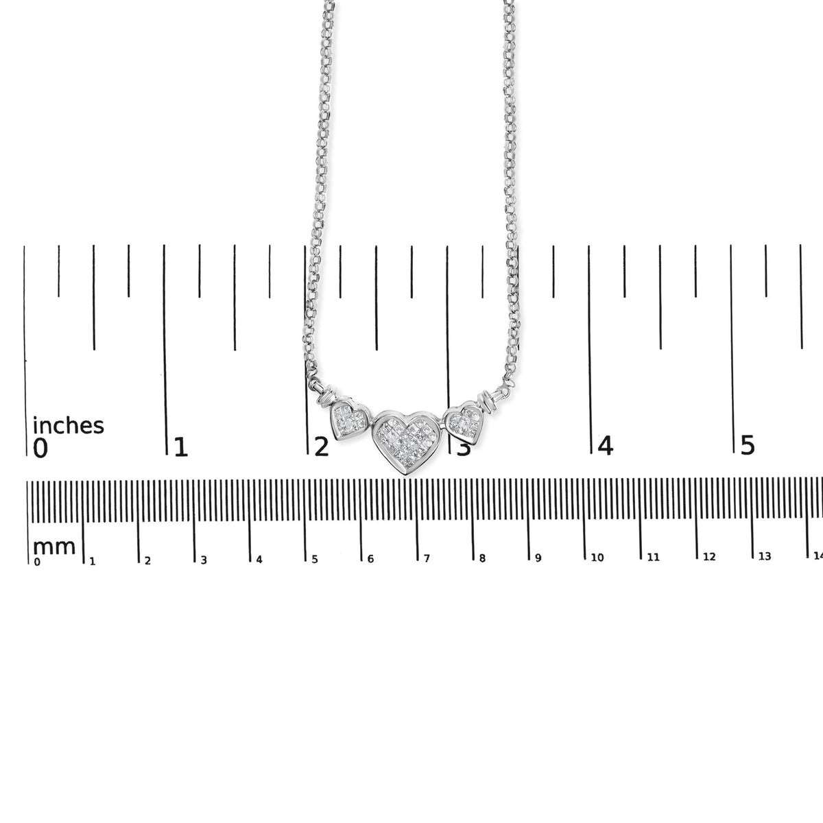 14K White Gold Princess Cut Diamond Triple Heart Pendant Necklace