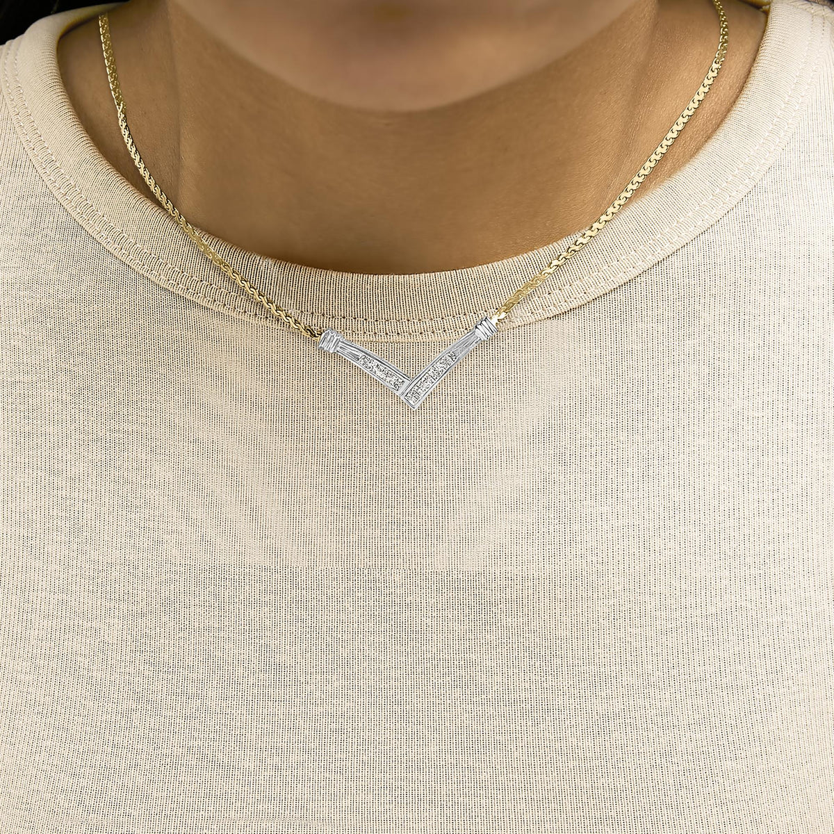 10K Yellow and White Gold 1/2 Cttw Princess Cut Diamond Channel-Set “V” Shape 18" Franco Chain Necklace (H-I Color, SI2-I1 Clarity)
