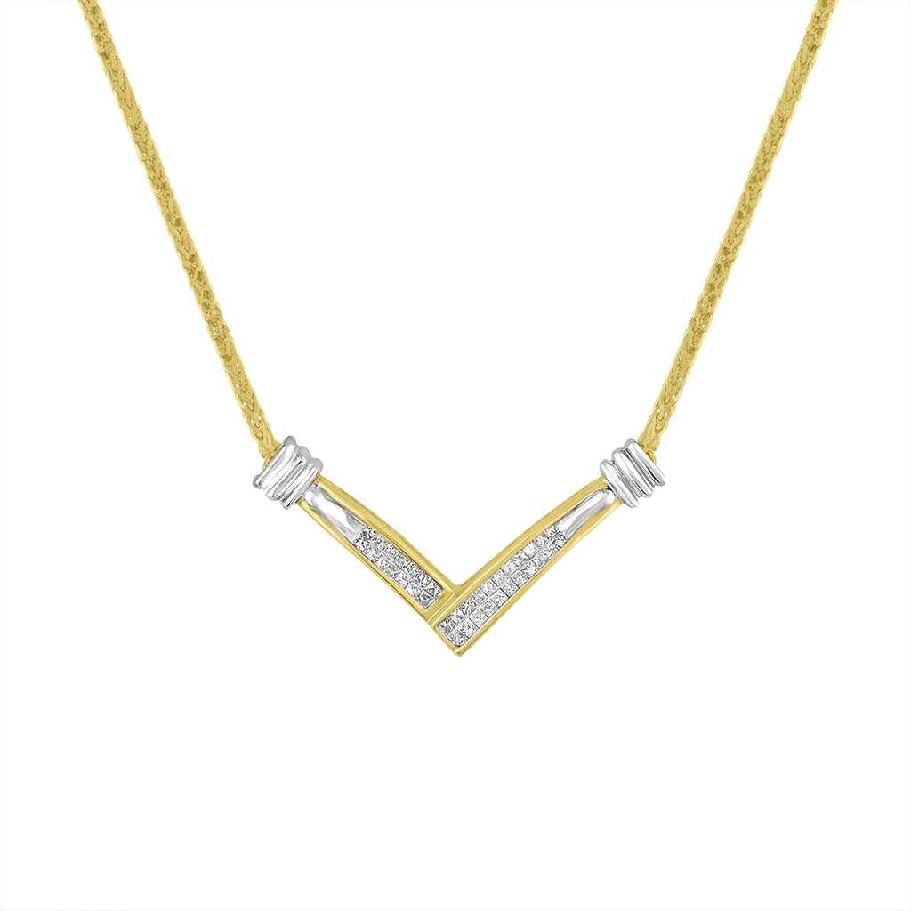 14K Two-Tone Gold Princess Cut Diamond V-Shape Pendant Necklace