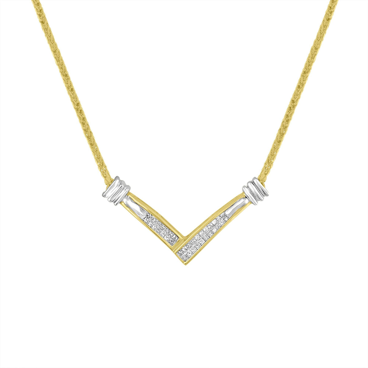 14K Two-Tone Gold Princess Cut Diamond V-Shape Pendant Necklace