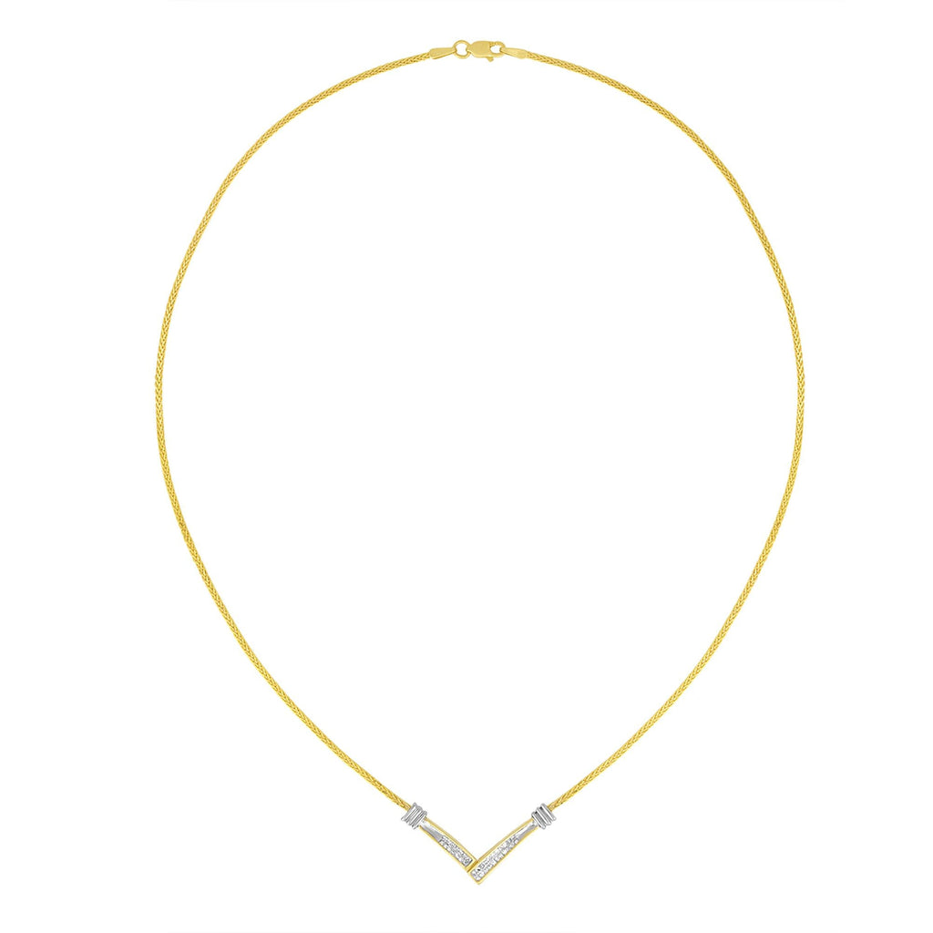 14K Two-Tone Gold Princess Cut Diamond V-Shape Pendant Necklace