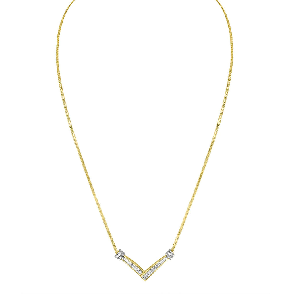 14K Two-Tone Gold Princess Cut Diamond V-Shape Pendant Necklace
