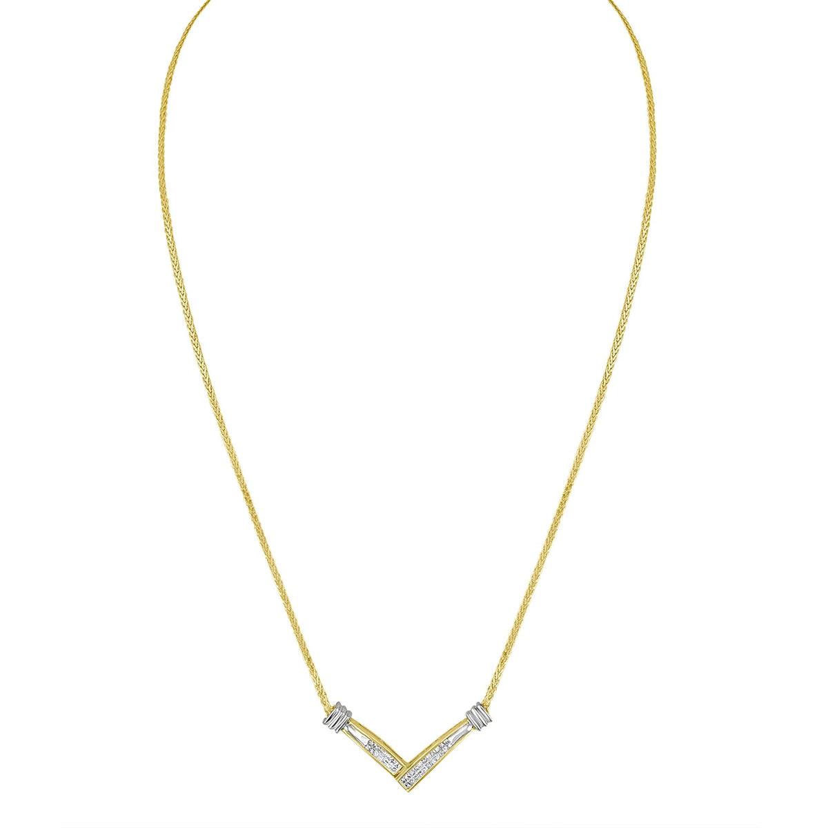 14K Two-Tone Gold Princess Cut Diamond V-Shape Pendant Necklace