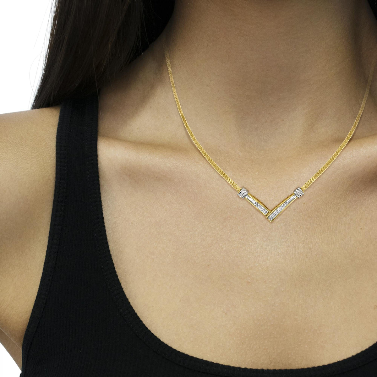 14K Two-Tone Gold Princess Cut Diamond V-Shape Pendant Necklace