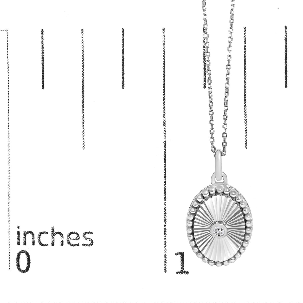 14K White Gold Diamond Accent Oval  Fluted Medallion Pendant Necklace