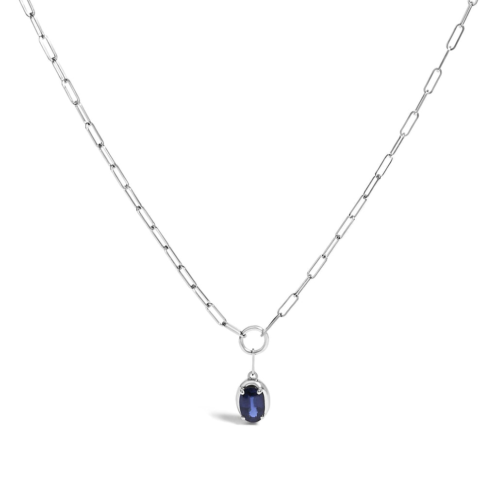 10K White Gold 6x4 mm Oval Blue Sapphire Solitaire Paperclip Pendant Necklace - 18" Inches