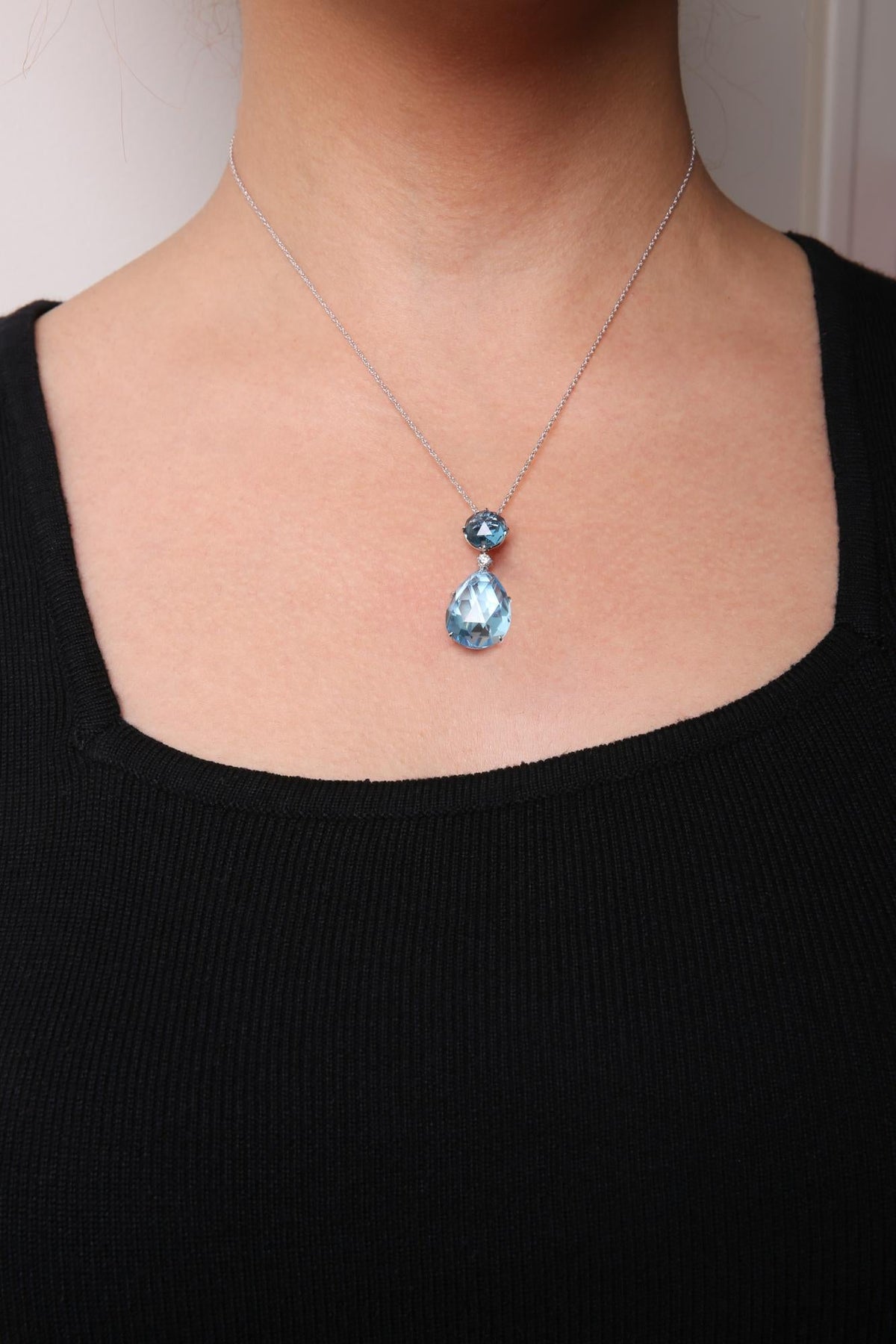 18K White Gold London Blue Topaz & Diamond Pendant Necklace